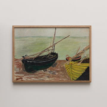 Painting of boats on a shore with a greenish background, framed in wood.