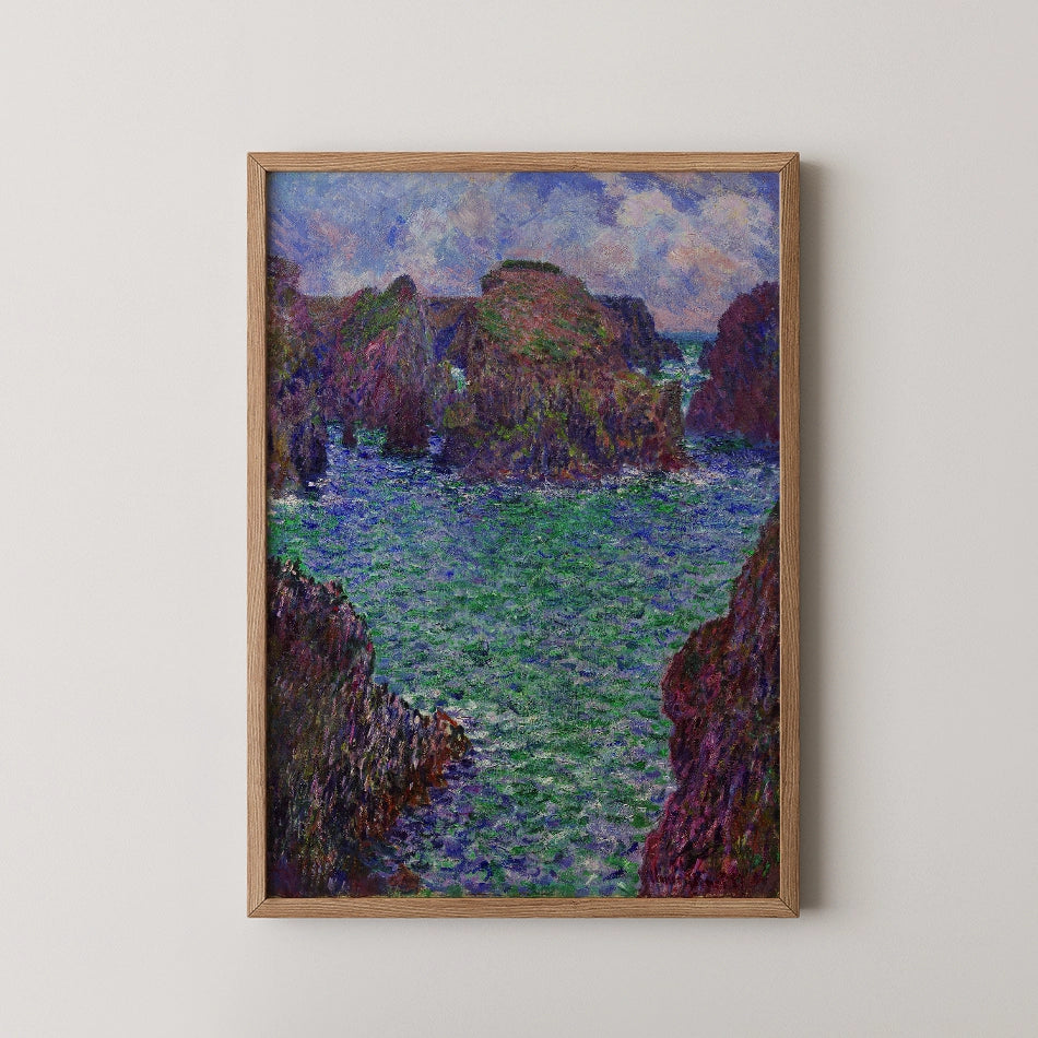Framed painting of a serene coastal landscape featuring colorful rock formations and a vibrant blue-green sea.
