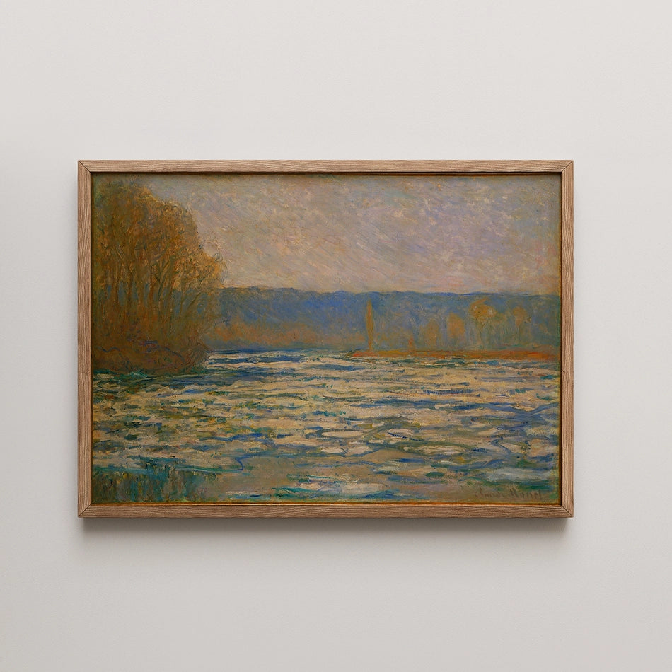 Framed painting of a serene landscape with frozen water, trees, and soft pastel colors.