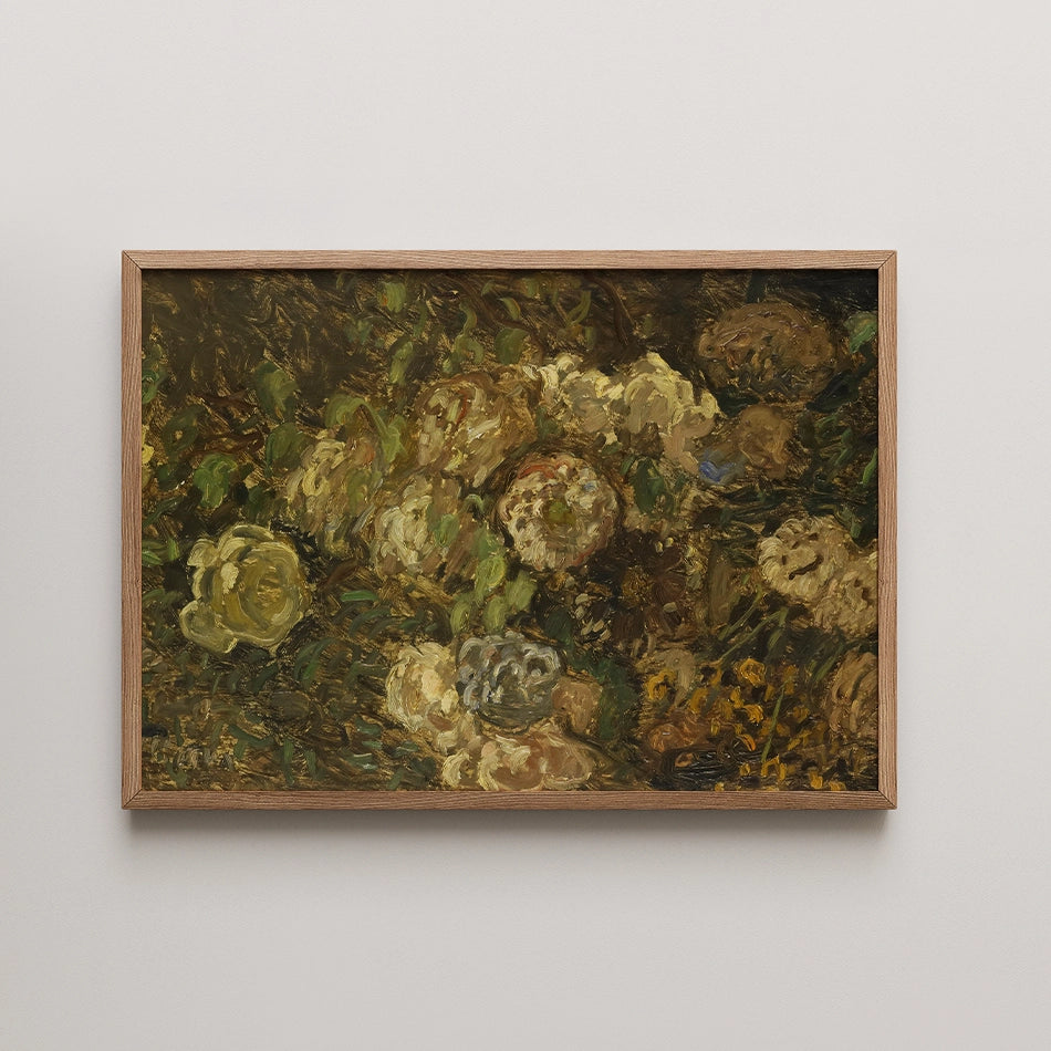 Framed painting of flowers in soft colors on a textured background.