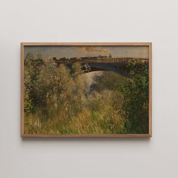 Landscape painting of a river with a bridge in the background, surrounded by greenery, framed in wood.