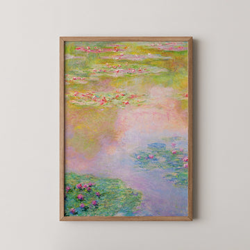Framed painting of a serene pond scene with water lilies and a pastel color palette.