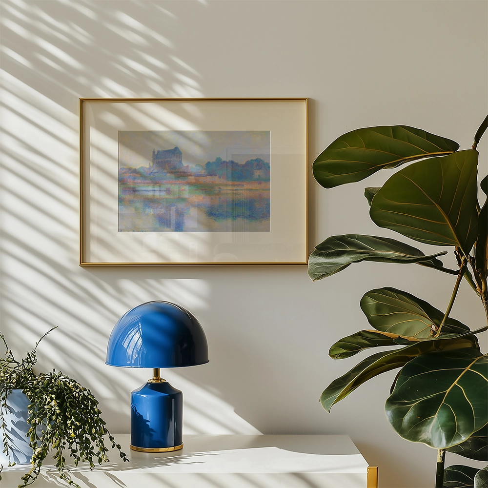 Framed painting on a white wall with shadows, a blue lamp and a green plant in a bright interior setting.