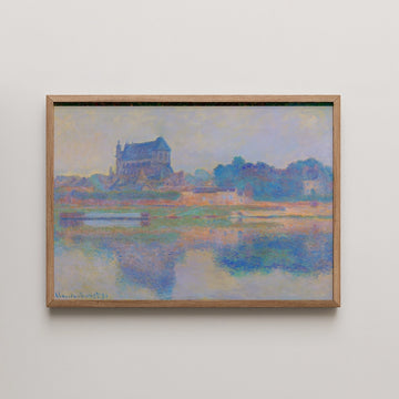 Framed painting featuring a serene landscape with a church and reflections on water in soft pastel colors.