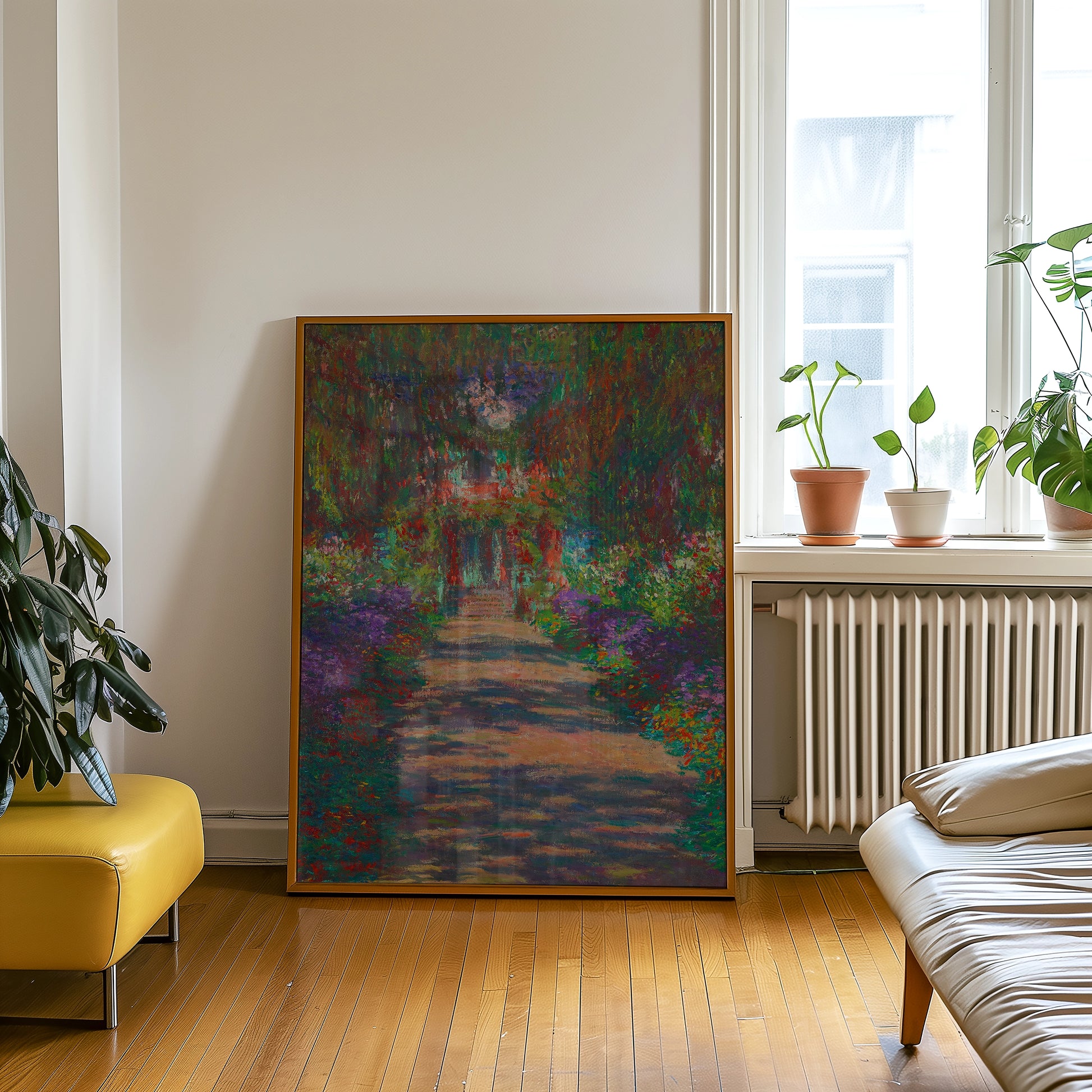 Colorful painting of a garden pathway surrounded by vibrant flowers, displayed in a contemporary living room setting.