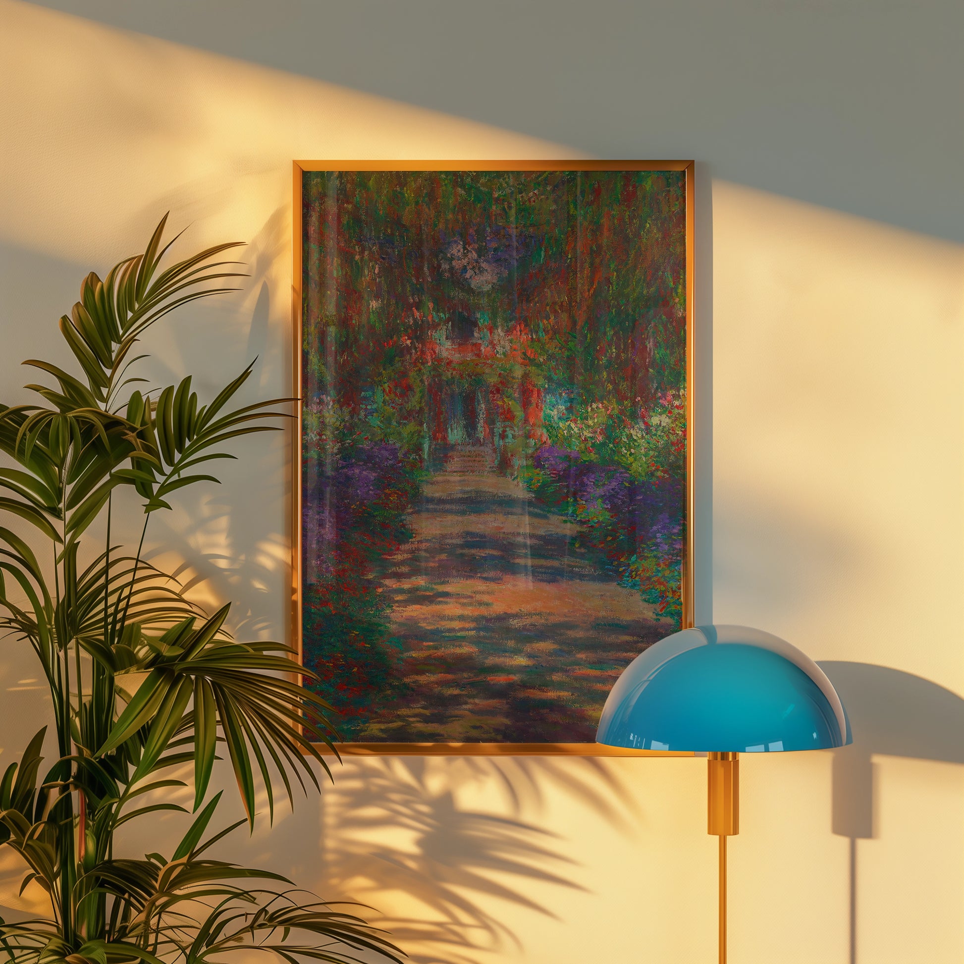Framed painting of a colorful garden path surrounded by lush greenery and flowers, displayed on a wall next to a modern blue lamp and a leafy plant.