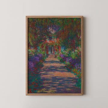 Framed painting of a vibrant garden pathway lined with colorful flowers and lush greenery.