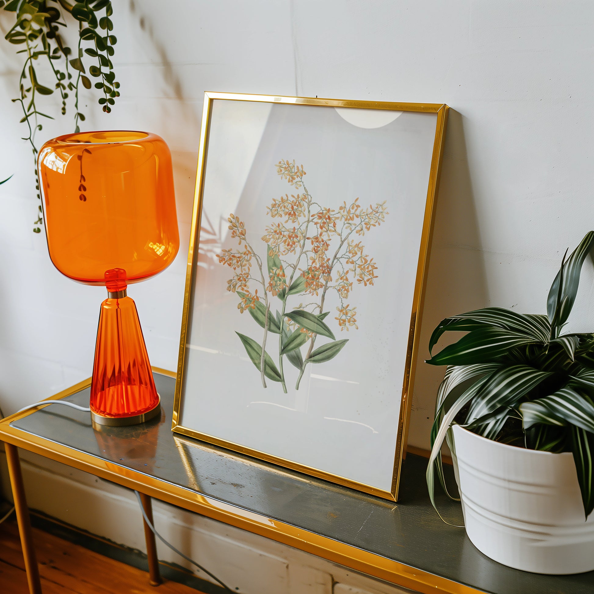 Framed floral painting displayed on a table with an orange lamp and potted plant.