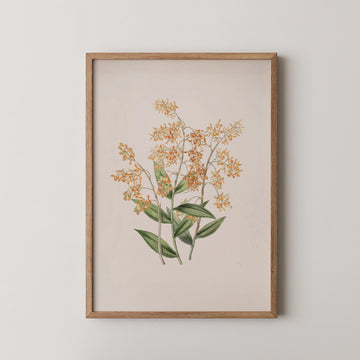 Framed painting of orange flowers and green leaves on a light background.