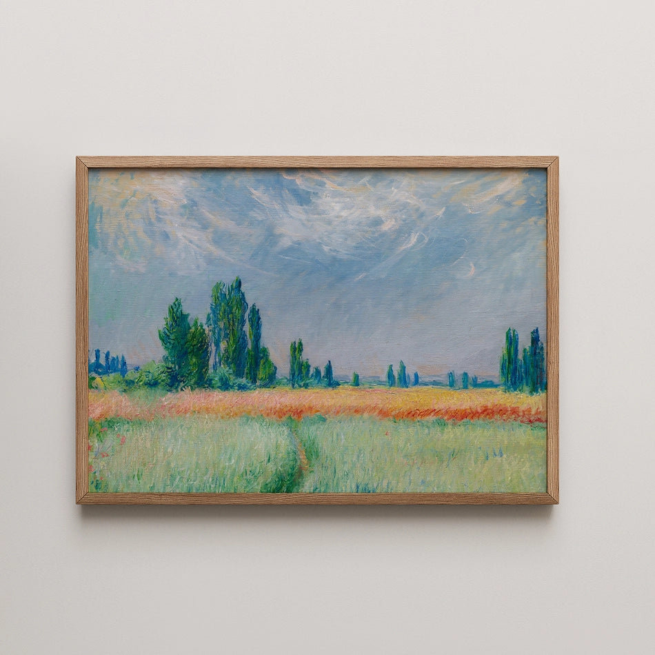 A framed painting depicting a vibrant landscape with lush green fields, colorful flowers, and a blue sky with wispy clouds.