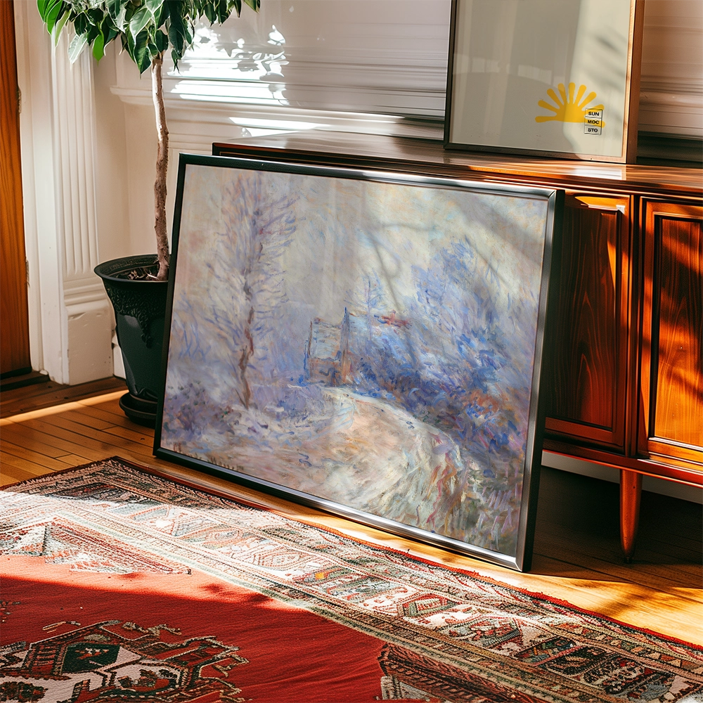 A framed painting with a winter landscape featuring soft blues and browns, leaning against a wooden dresser in a sunlit room with a decorative rug and a potted plant.