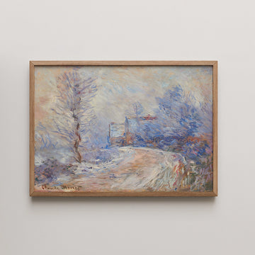 Painting of a winter landscape featuring a winding road, bare trees, and a distant building, framed in a light wooden frame.