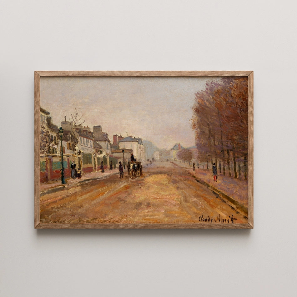 Painting of a street scene with horse-drawn carriages and people walking, framed in light wood.