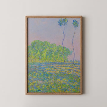 Framed painting featuring tall trees against a soft pastel background with vibrant greenery and a field of flowers.