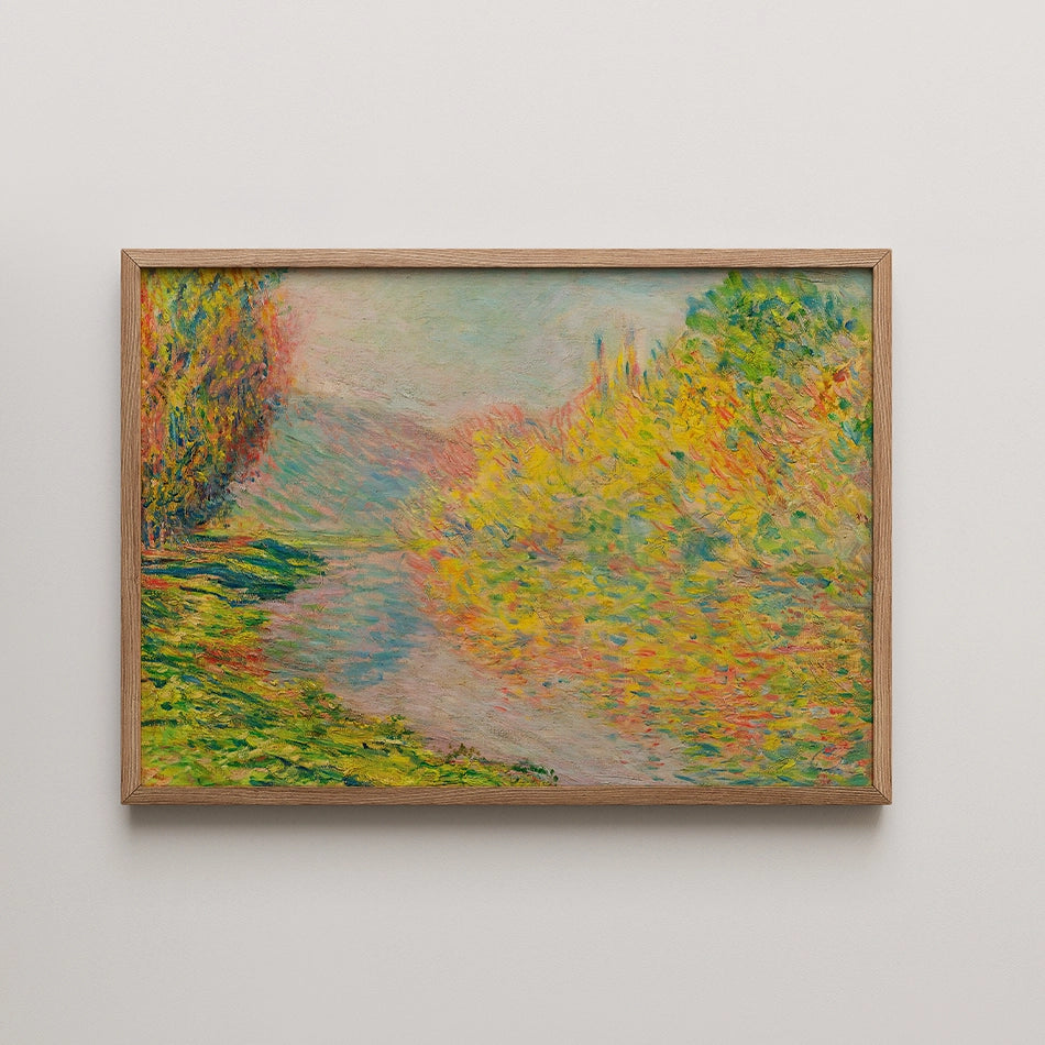 Painting of a tranquil landscape with vibrant colors of trees and water, framed in wood.