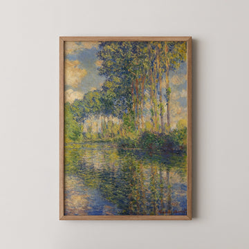 Painting of a serene landscape featuring tall trees by a reflective body of water, framed in light wood.
