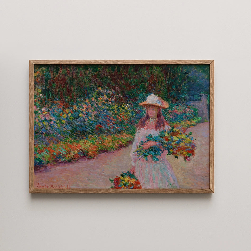 Impressionist painting of a girl in a white dress and straw hat, holding bouquets of flowers, surrounded by colorful blooms and greenery in a garden setting.