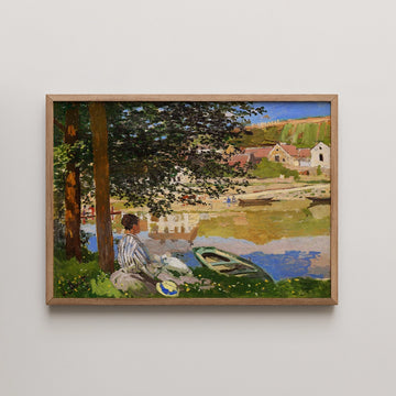 Painting of a serene landscape featuring a seated figure by a river, surrounded by trees and picturesque buildings in the background.