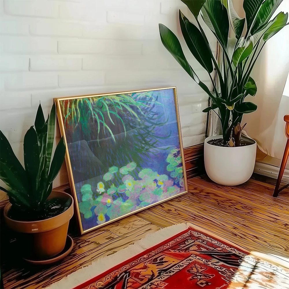 Framed painting of water lilies and aquatic plants beside a decorative indoor plant in a bright, natural setting.