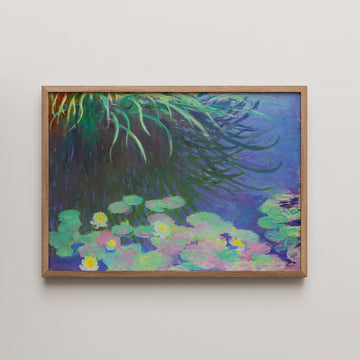Framed painting of water lilies with vibrant greens and purples, reflecting impressionist style.