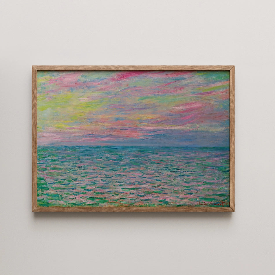 A vibrant painting of a seascape featuring pastel colors of pink, blue, and green, framed in a light wood frame.