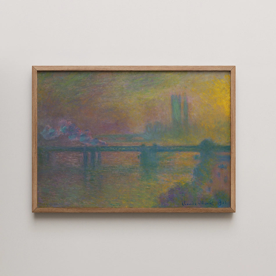 Framed painting of a hazy river scene with a bridge and buildings in soft, blended colors by Claude Monet.