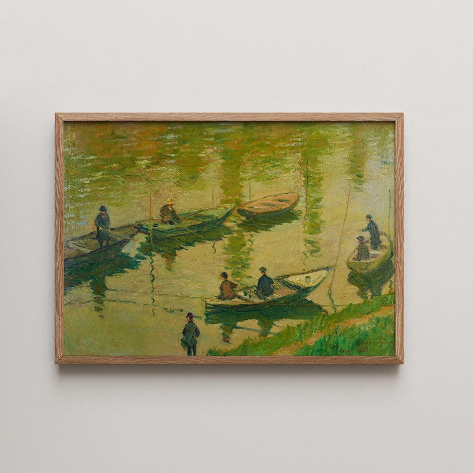 Painting of fishermen in boats on a tranquil river, framed in natural wood.