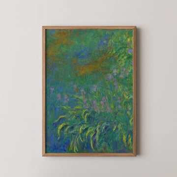 Framed painting of vibrant green foliage with hints of purple flowers, showcasing a textured impressionistic style.