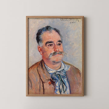 Portrait painting of a man with a mustache and blue bow tie, framed in wood.