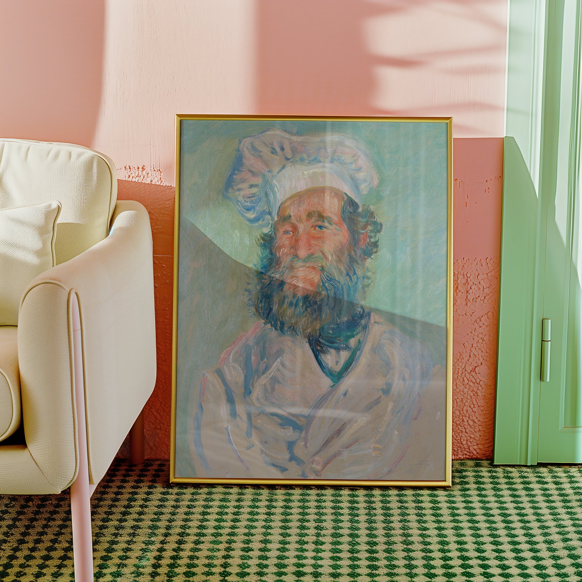 Portrait of a chef with a beard in a framed artwork, leaning against a pastel pink wall beside a modern cream sofa and green door.