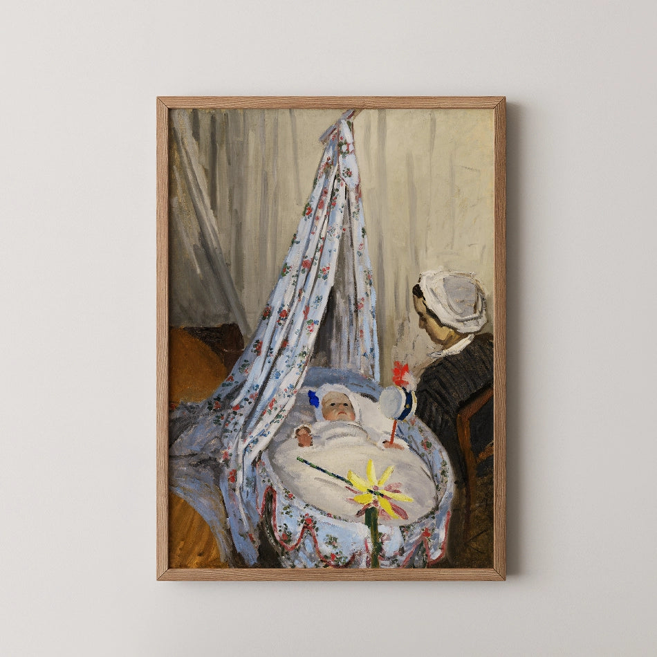 Painting of a mother and baby in a cradle, with a floral blanket canopy and whimsical toys, set in a softly lit interior.