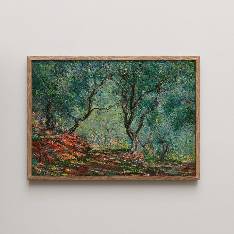 A vibrant landscape painting featuring olive trees with lush green foliage and hints of red foliage in the foreground, framed in wood.