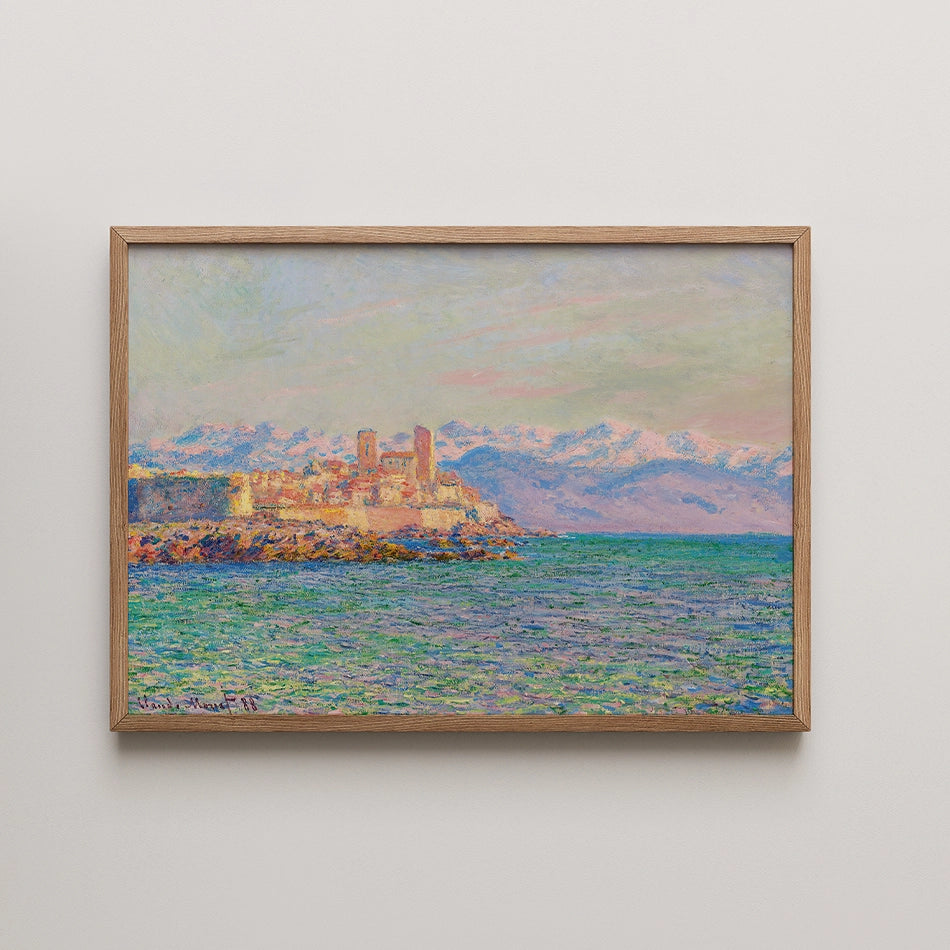 Painting of a coastal scene featuring a castle on a rocky shore, with mountains in the background and a colorful sky.
