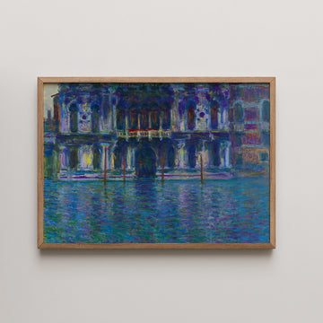 Framed painting of a vibrant waterfront scene with intricate architectural details reflecting in the water.