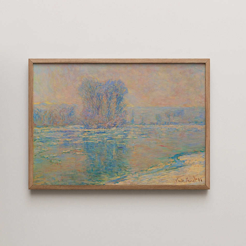 Framed impressionist painting of a serene river landscape with trees and reflections in water.