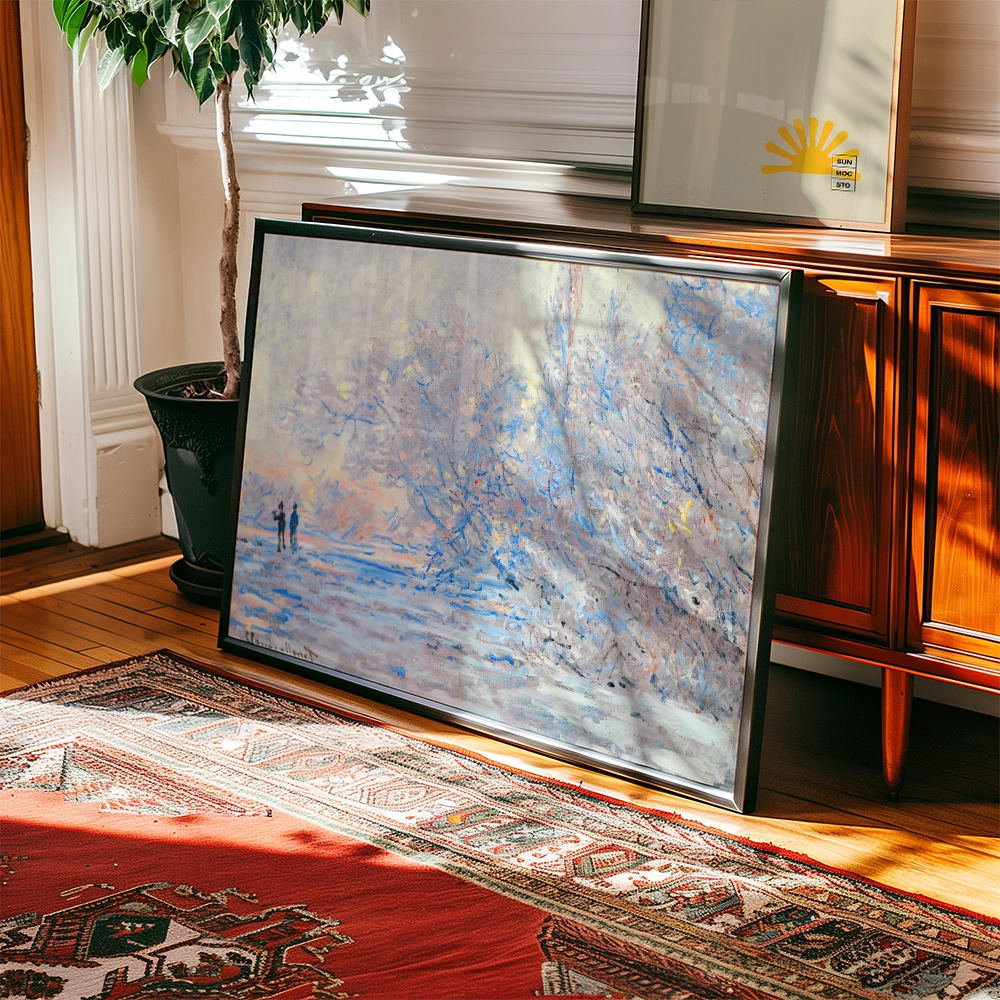 Framed painting depicting a serene landscape with two figures walking, leaning against a wooden cabinet in a sunlit room with a patterned rug.
