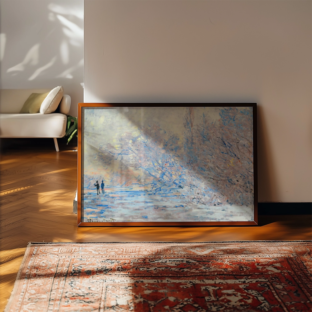 Painting featuring two figures walking by a serene waterway, framed and displayed on a wooden floor, with soft shadows and natural light accentuating the colors.