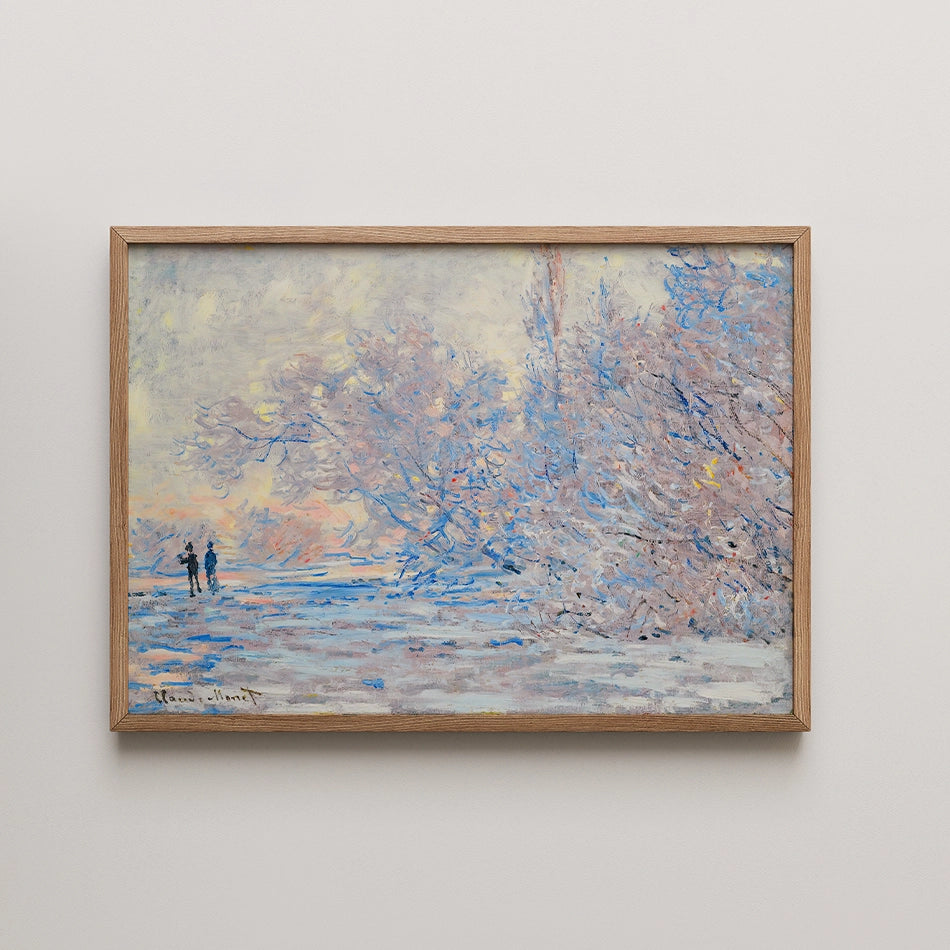 Painting of a winter landscape featuring two figures walking among snow-covered trees, framed in light wood.