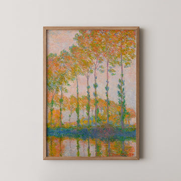 Framed painting of colorful trees reflecting in calm water, showcasing vibrant autumn hues.