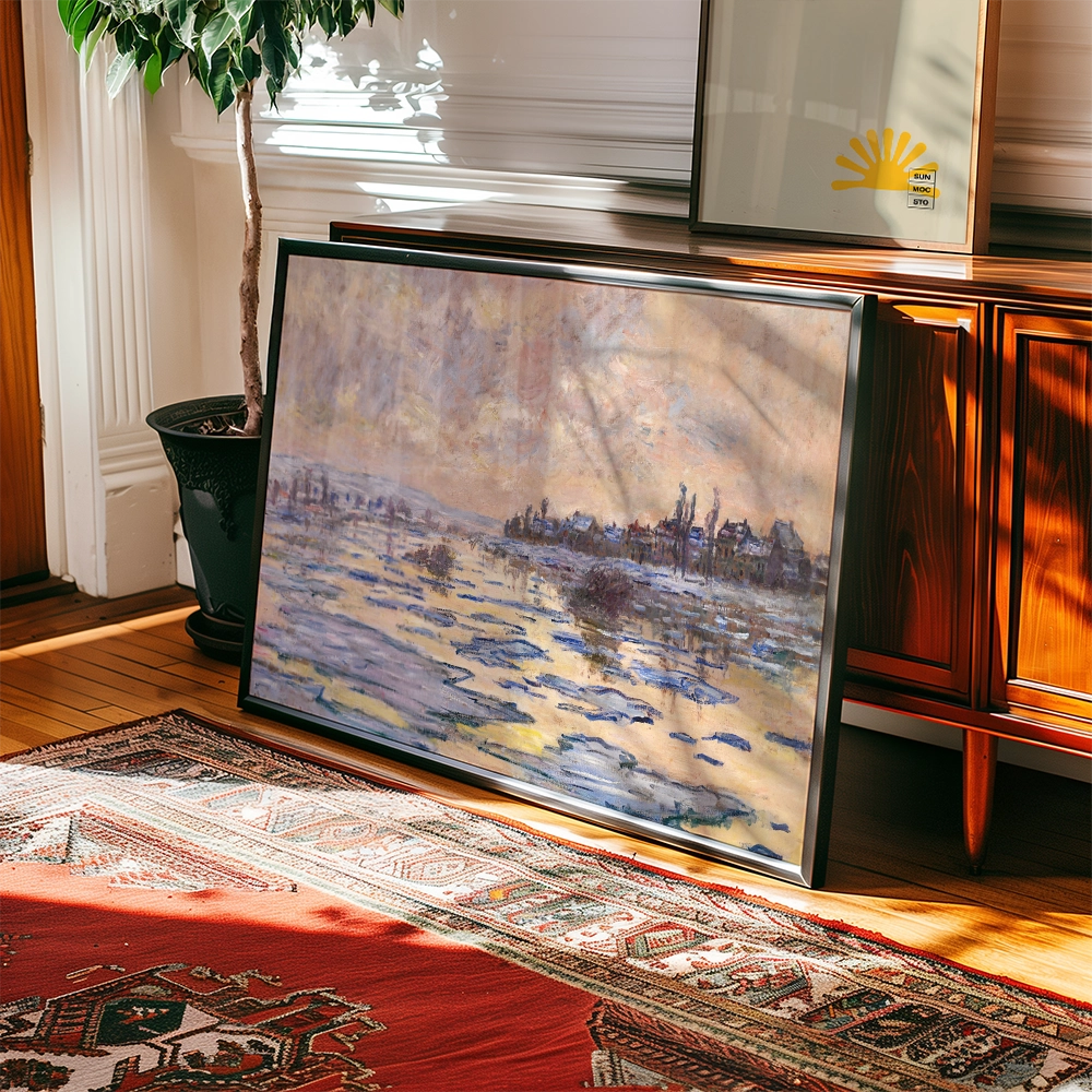 Framed painting of a serene landscape leaning against a wooden furniture piece, with natural light illuminating the scene and a decorative rug underneath.
