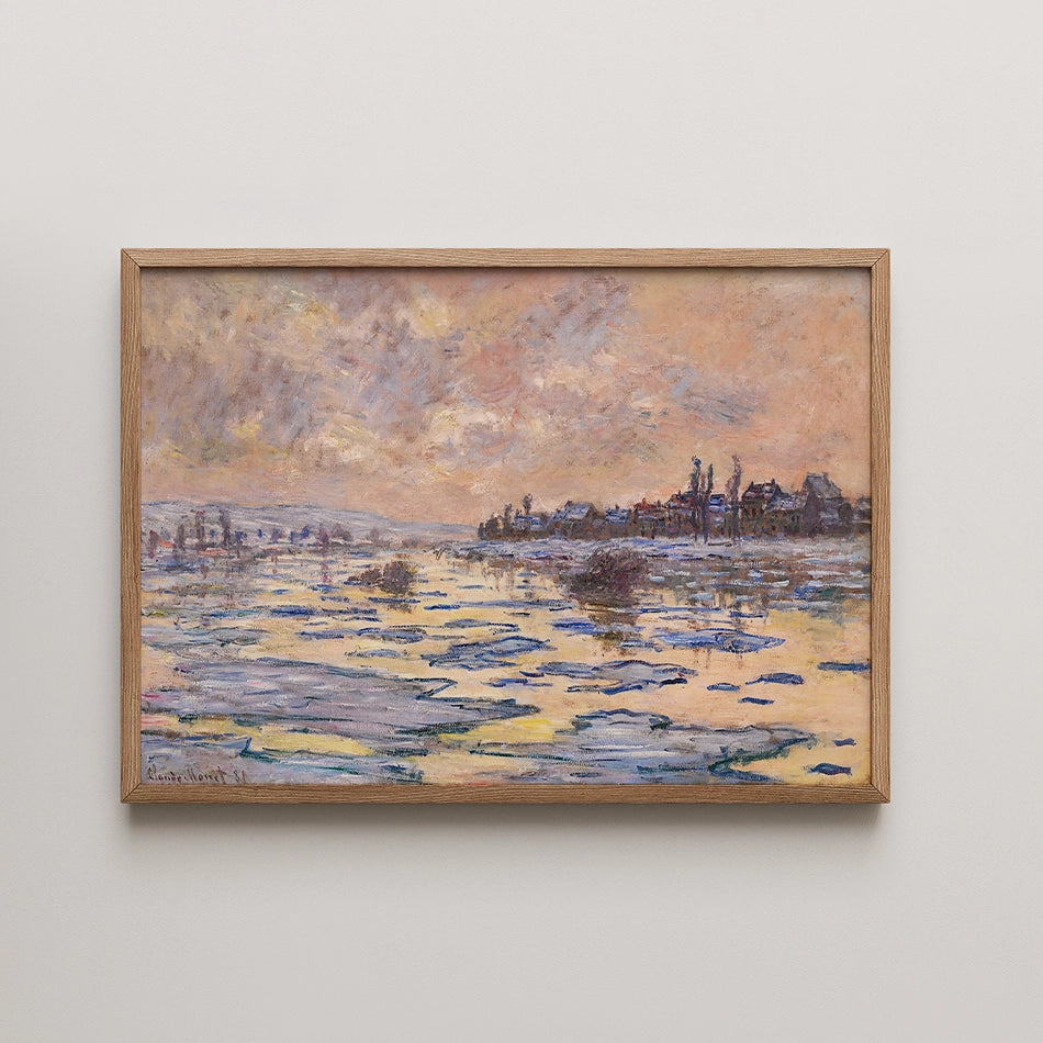 Framed painting of a serene landscape at sunset, featuring a river with ice patches and a distant town under a colorful sky.