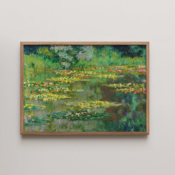 Framed painting of a vibrant water lily pond with green foliage and colorful flowers reflected on the water's surface.