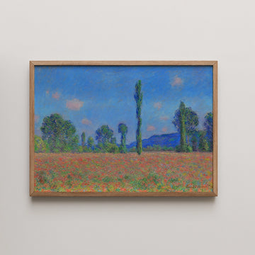 Painting of a vibrant landscape featuring a field of flowers under a blue sky with fluffy clouds, framed in wood.