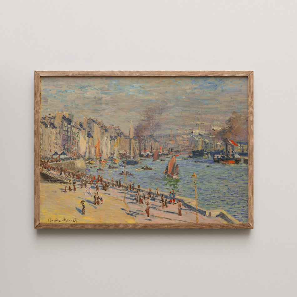 Painting of a bustling harbor scene with sailboats and steamships, framed in light wood.