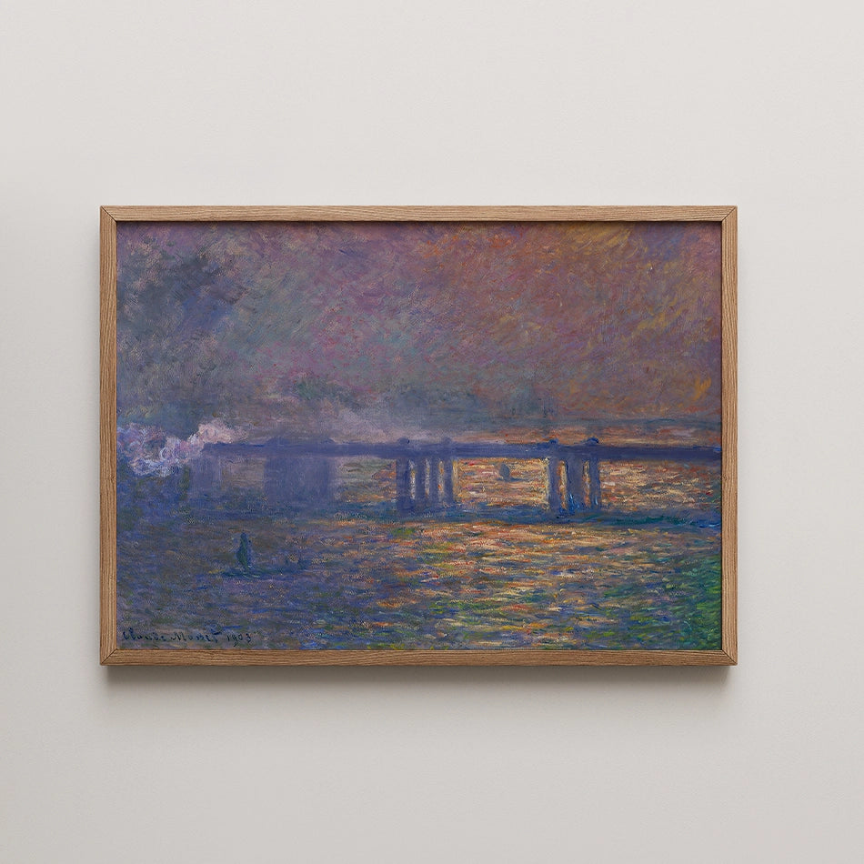 Framed painting of a serene harbor scene at dusk, featuring reflections on water and a bridge in the background.