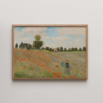 Painting of a woman and a child in a field of red poppies, with a blue sky and clouds in the background, framed in light wood.