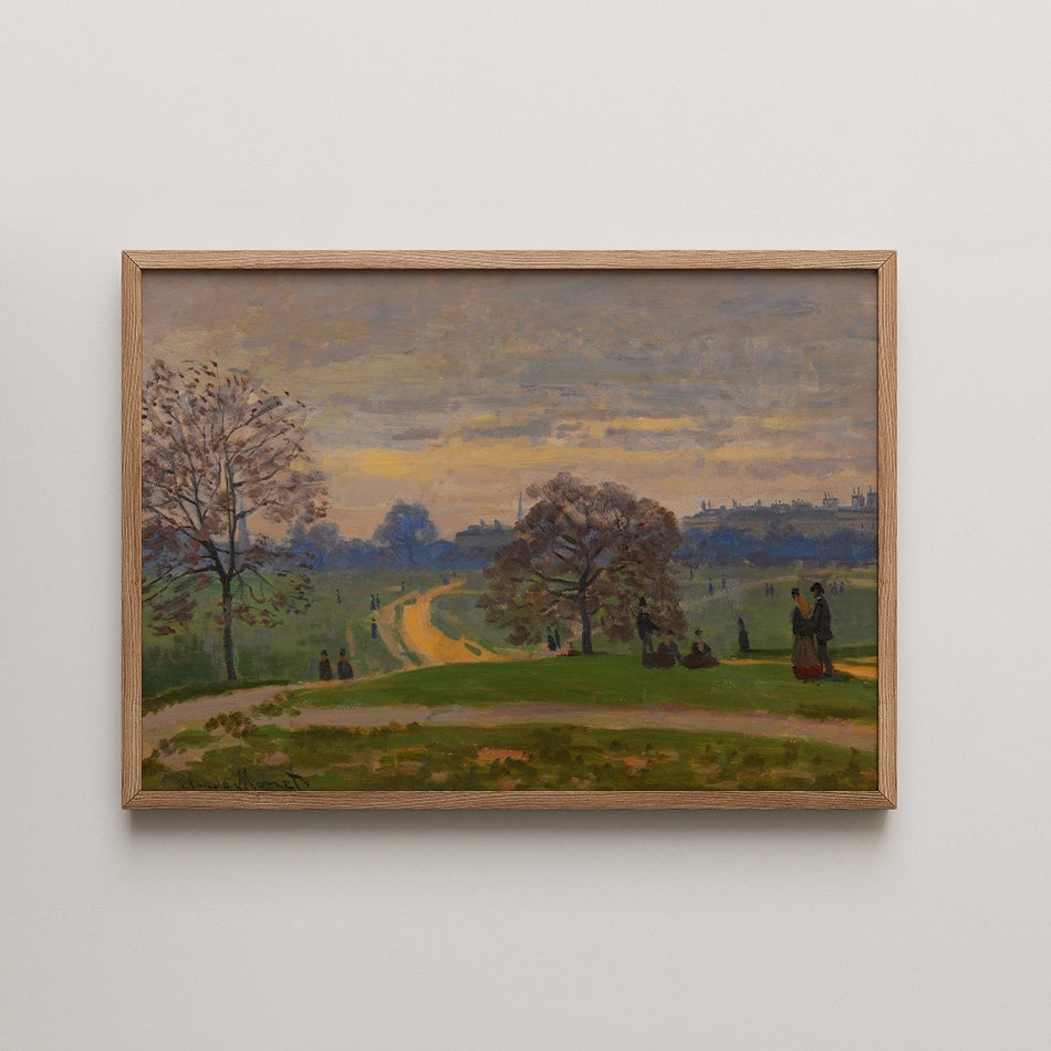 Framed painting depicting a serene landscape with a winding path, trees, and people enjoying a peaceful outdoor setting at dusk.