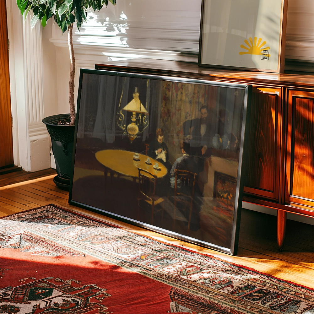 Framed painting of a family gathered around a table with a lamp, leaning against a wooden cabinet in a sunlit room with a patterned rug.