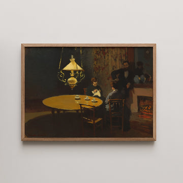 Framed painting depicting people gathered around a table with cups, illuminated by a hanging lamp, set against a dark background.