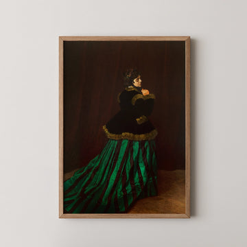 Vintage painting of a woman in a black coat and green striped dress, framed against a dark background.